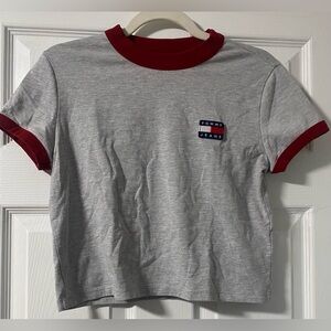 Tommy Jeans Gray Red Knit Logo Crew Neck Short Sleeve T-Shirt Size S